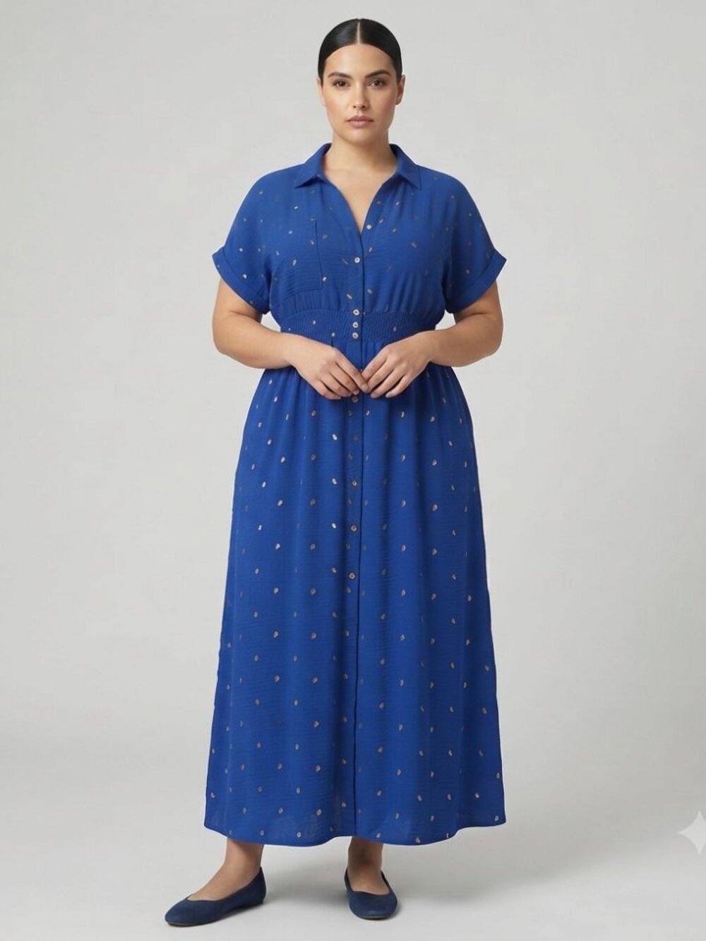 Alex & Parker Women's 3XL Royal Blue Gold Polka Dot Maxi Shirt Dress Formal
